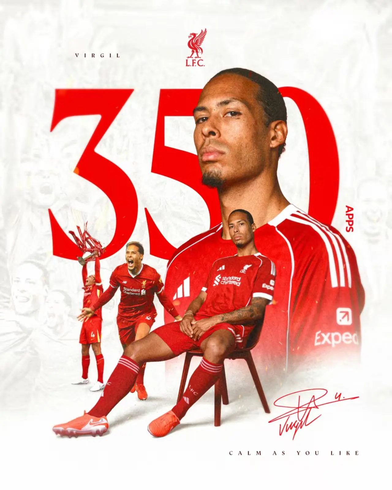 创造里程碑，范戴克成为第50位为利物浦出场350次的球员